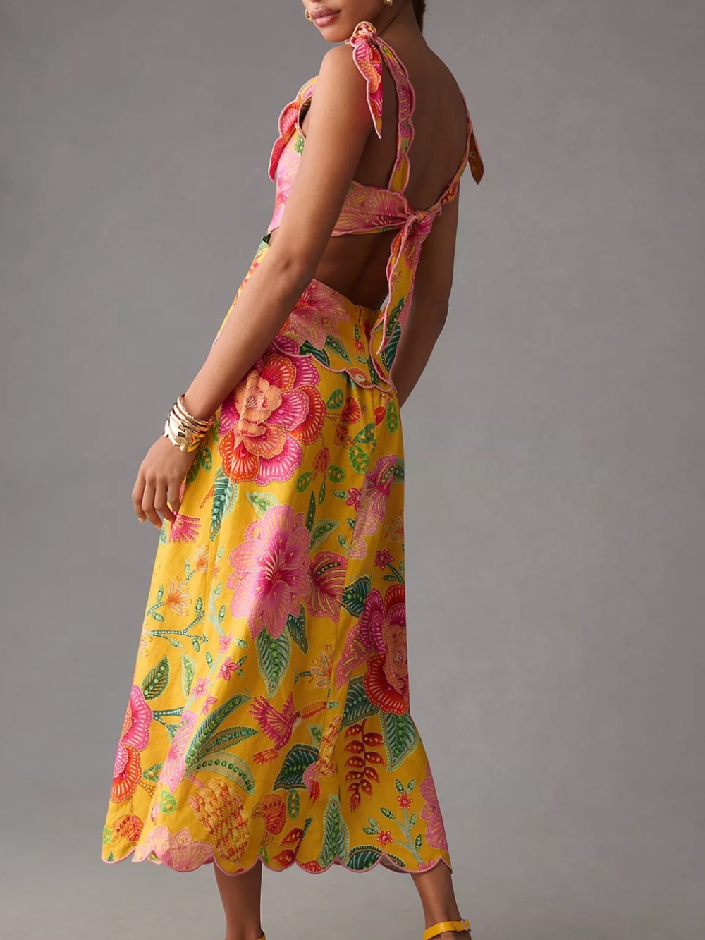 FARM Rio Yellow Floral Midi Dress with Pink & Orange Blooms - Picture 3 of 3